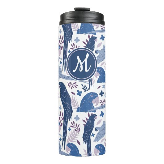 Monogram ara Parrot Blue Tropical verlofpatroon Thermosbeker (Voorkant)