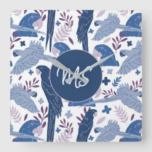 Monogram ara Parrot Blue Tropical verlofpatroon  Vierkante Klok