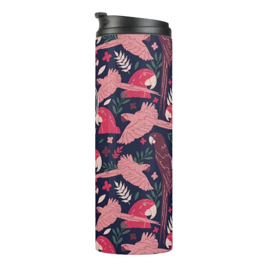 Monogram ara Parrot Red Tropical verlofpatroon Thermosbeker (Geroteerd rechts)