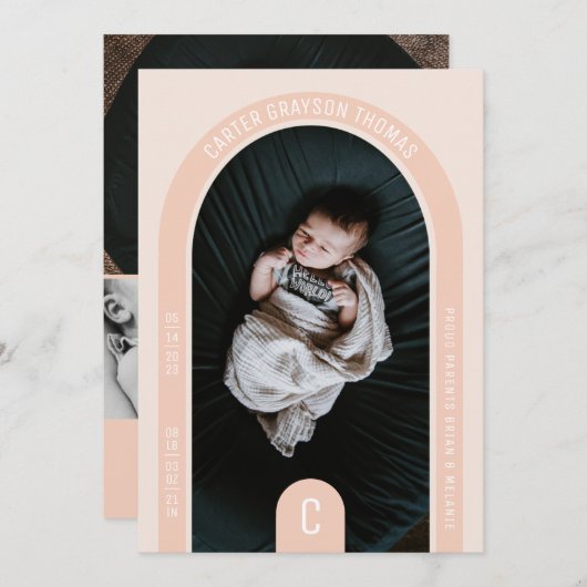 Monogram Arch Foto Geboortedatum Kaart (Voorkant / Achterkant)