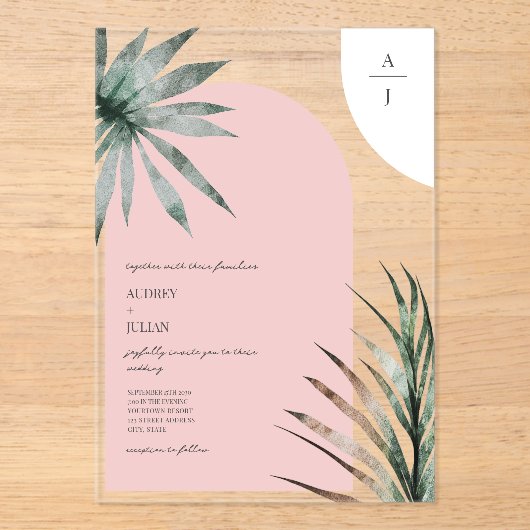 Monogram Arches Lichtroze bruiloft Acryl Uitnodigingen (Voorkant)