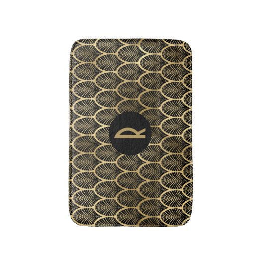 Monogram Art Deco Black en Gold Pattern Badmat (Voorkant Verticaal)
