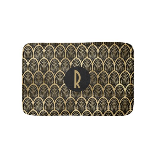 Monogram Art Deco Black en Gold Pattern Badmat (Voorkant)