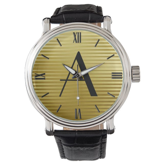 Monogram Art Deco Gold Satin Stripes Horloge (Voorkant)