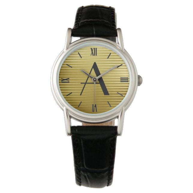 Monogram Art Deco Gold Satin Stripes Horloge (Voorkant)