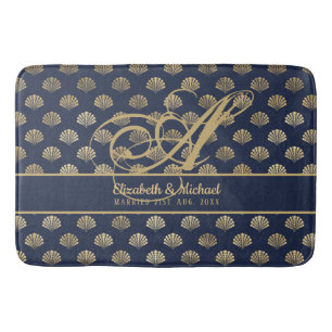 Monogram ART Deco marineblauw goud schelpen pasget Badmat