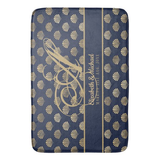 Monogram ART Deco marineblauw goud schelpen pasget Badmat (Voorkant Verticaal)