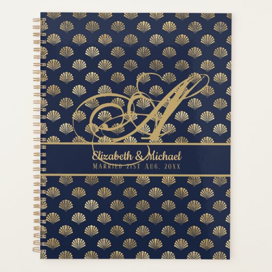 Monogram ART Deco marineblauw goud schelpen pasget Planner (Voorkant)