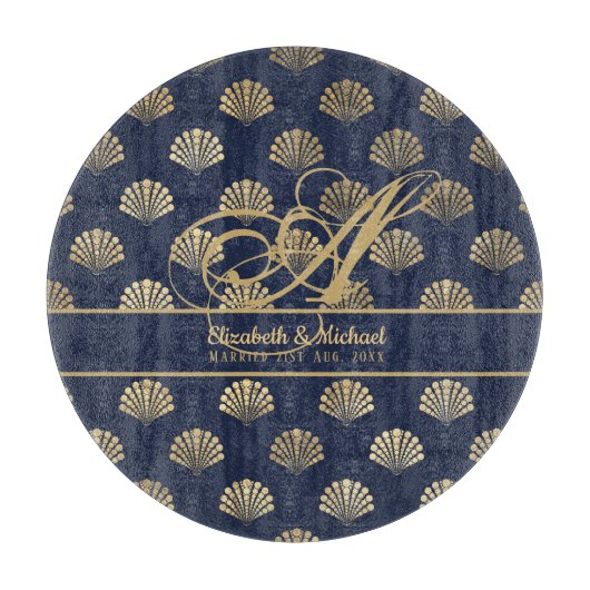Monogram ART Deco marineblauw goud schelpen pasget Snijplank (Voorkant)