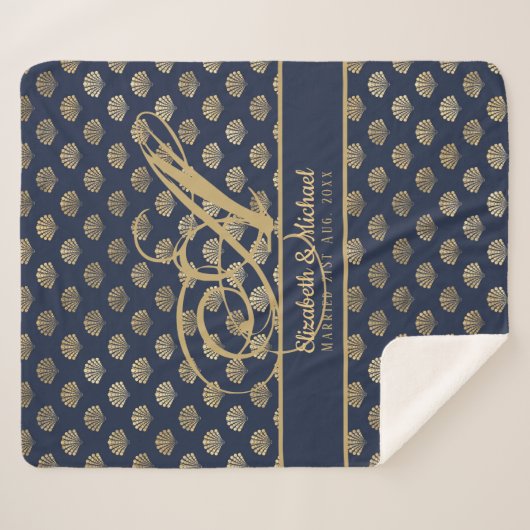 Monogram ART Deco Navy Blauwe Gouden Schelpen Nieu Sherpa Deken (Voorkant (horizontaal))