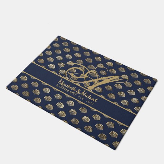 Monogram ART Deco Navy Blue Gold Shells Passen get Deurmat (Schuin)