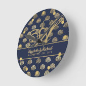 Monogram ART Deco Navy Blue Gold Shells Passen get Ronde Klok (Hoek)