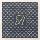 Monogram ART DECO Schelpen Marineblauw Goud Nieuwg Glazen Onderzetter (Voorkant)