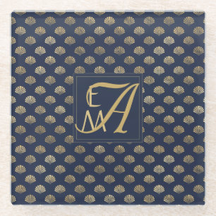Monogram ART DECO Schelpen Marineblauw Goud Nieuwg Glazen Onderzetter
