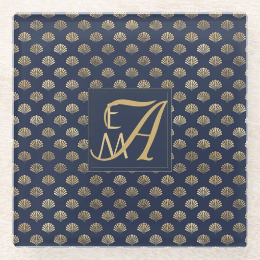 Monogram ART DECO Schelpen Marineblauw Goud Nieuwg Glazen Onderzetter (Voorkant)