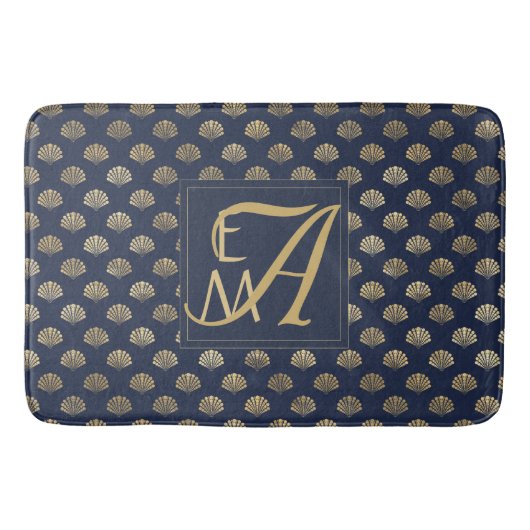 Monogram ART DECO Schelpen Navyblauw Goud Nieuwget Badmat (Voorkant)