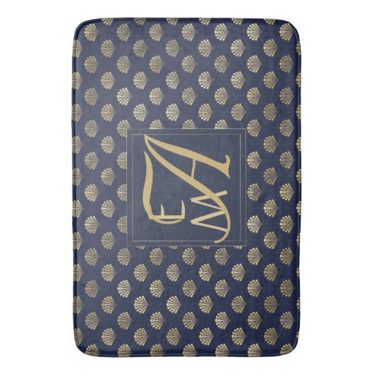 Monogram ART DECO Schelpen Navyblauw Goud Nieuwget Badmat (Voorkant Verticaal)