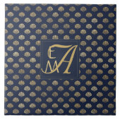Monogram ART DECO Shells Navy Blue Gold Passen get Tegeltje (Voorkant)