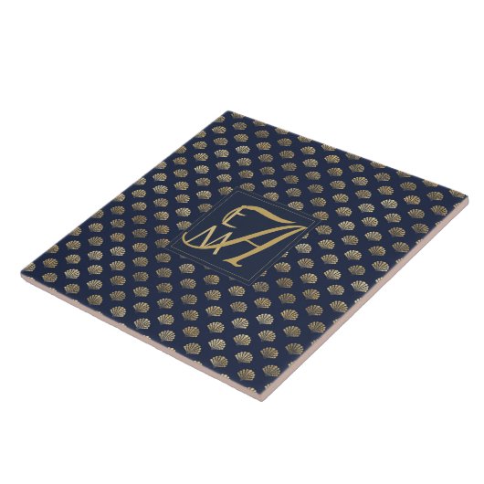 Monogram ART DECO Shells Navy Blue Gold Passen get Tegeltje (Zijkant)