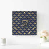 Monogram ART DECO Shells Navy Blue Gold Passen get Vierkante Klok (Huis)