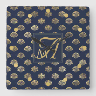 Monogram ART DECO Shells Navy Blue Gold Passen get Vierkante Klok