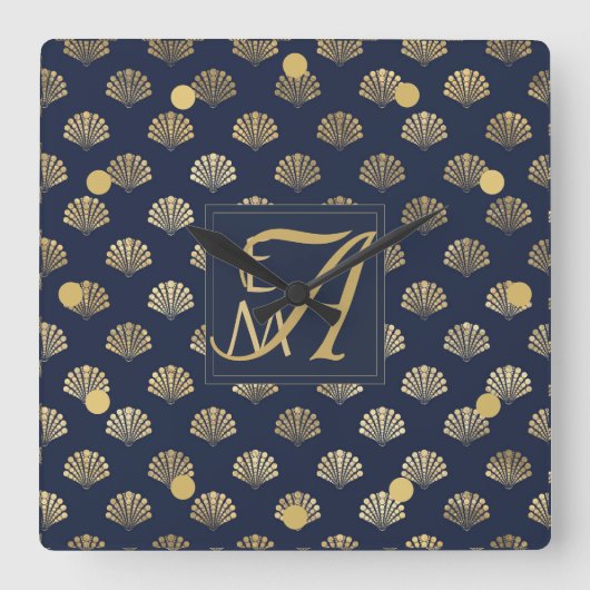 Monogram ART DECO Shells Navy Blue Gold Passen get Vierkante Klok (Voorkant)