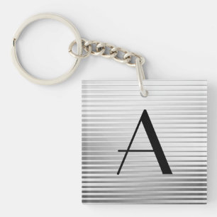 Monogram Art Deco Silver Satin Stripes Sleutelhanger