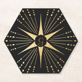 Monogram Art Deco Star Zwart en Goud Kartonnen Onderzetters