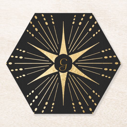 Monogram Art Deco Star Zwart en Goud Kartonnen Onderzetters (Voorkant)