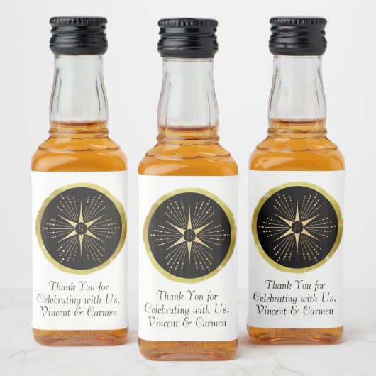 Monogram Art Deco Star Zwart en Goud Likeurfles Etiket (Flessen)