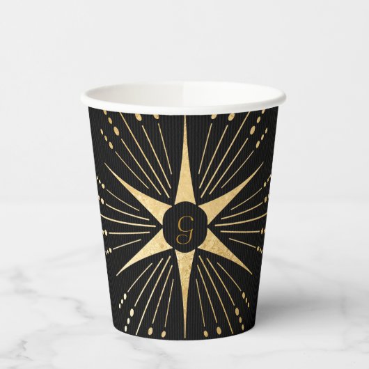 Monogram Art Deco Star Zwart en Goud Papier beker (Links)
