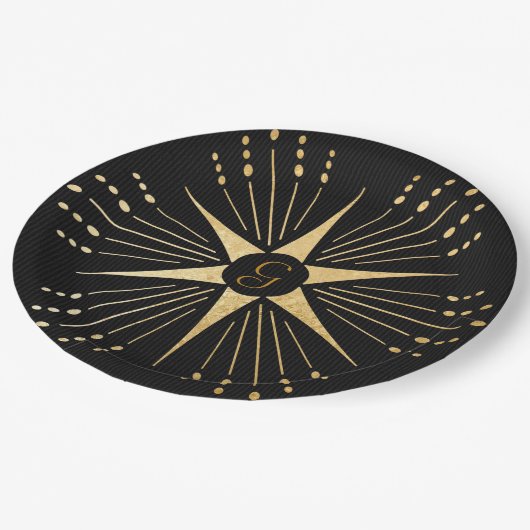Monogram Art Deco Star Zwart en Goud Papieren Bordje (Gekanteld)