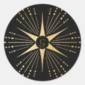 Monogram Art Deco Star Zwart en Goud Ronde Sticker (Voorkant)