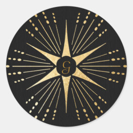 Monogram Art Deco Star Zwart en Goud Ronde Sticker