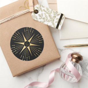 Monogram Art Deco Star Zwart en Goud Ronde Sticker