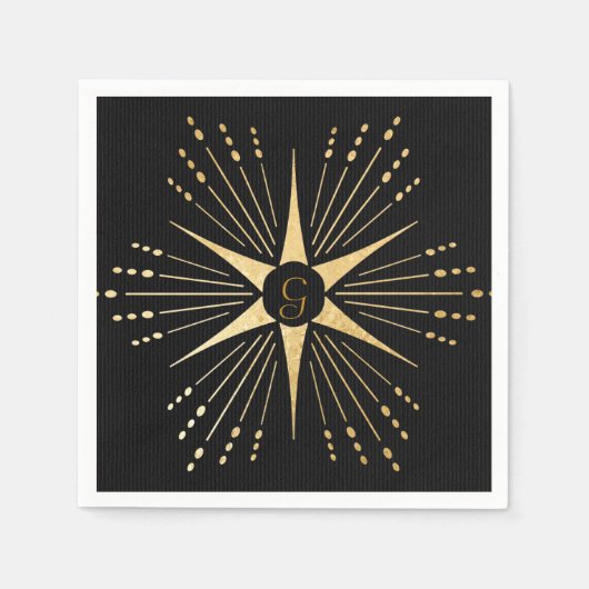 Monogram Art Deco Star Zwart en Goud Servet (Voorkant)