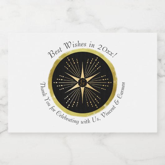 Monogram Art Deco Star Zwart en Goud Sparkling Wijnetiket (Enkel label)