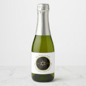 Monogram Art Deco Star Zwart en Goud Sparkling Wijnetiket (Voorkant)