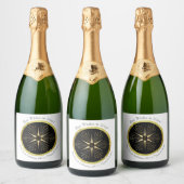 Monogram Art Deco Star Zwart en Goud Sparkling Wijnetiket (Flessen)