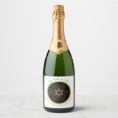 Monogram Art Deco Star Zwart en Goud Sparkling Wijnetiket (Voorkant)