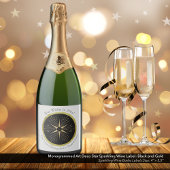 Monogram Art Deco Star Zwart en Goud Sparkling Wijnetiket