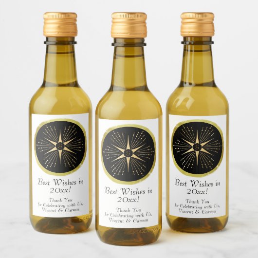 Monogram Art Deco Star Zwart en Goud Wijn Etiket (Flessen)