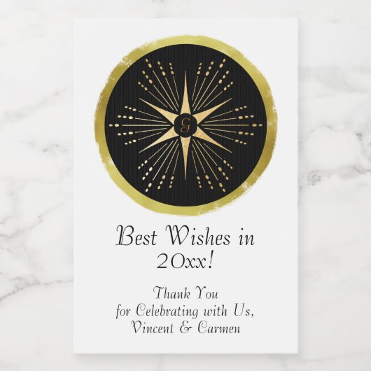 Monogram Art Deco Star Zwart en Goud Wijn Etiket (Enkel label)