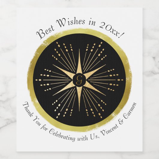 Monogram Art Deco Star Zwart en Goud Wijn Etiket (Enkel label)
