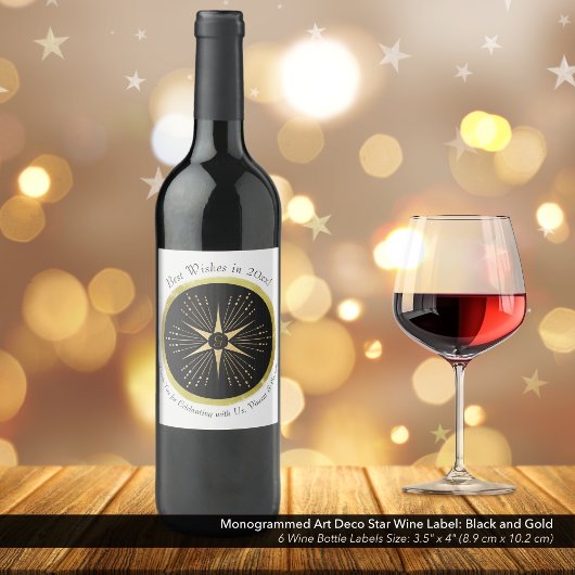 Monogram Art Deco Star Zwart en Goud Wijn Etiket