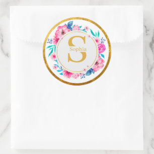Monogram Art I Gouden Initiaal en Waterverf Roos Ronde Sticker