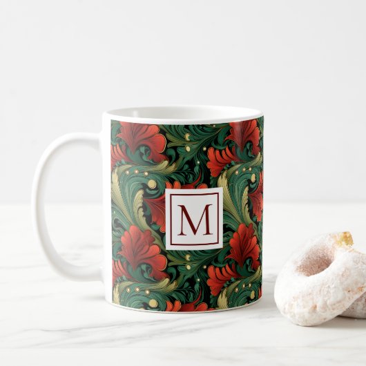 Monogram Art Noveau Kerstmis Groen Rood Patroon Koffiemok (Met donut)