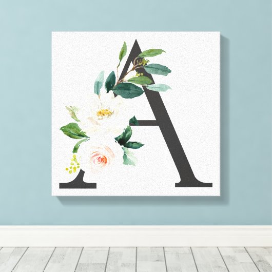 Monogram Art Print, Floral Letter A, Wedding Gift Canvas Afdruk (Insitu (Houten vloer))