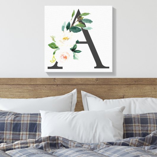 Monogram Art Print, Floral Letter A, Wedding Gift Canvas Afdruk (Insitu (Slaapkamer))