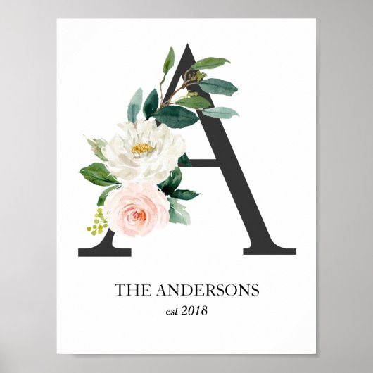 Monogram Art Print, Letter A, Wedding, Nursery Poster (Voorkant)